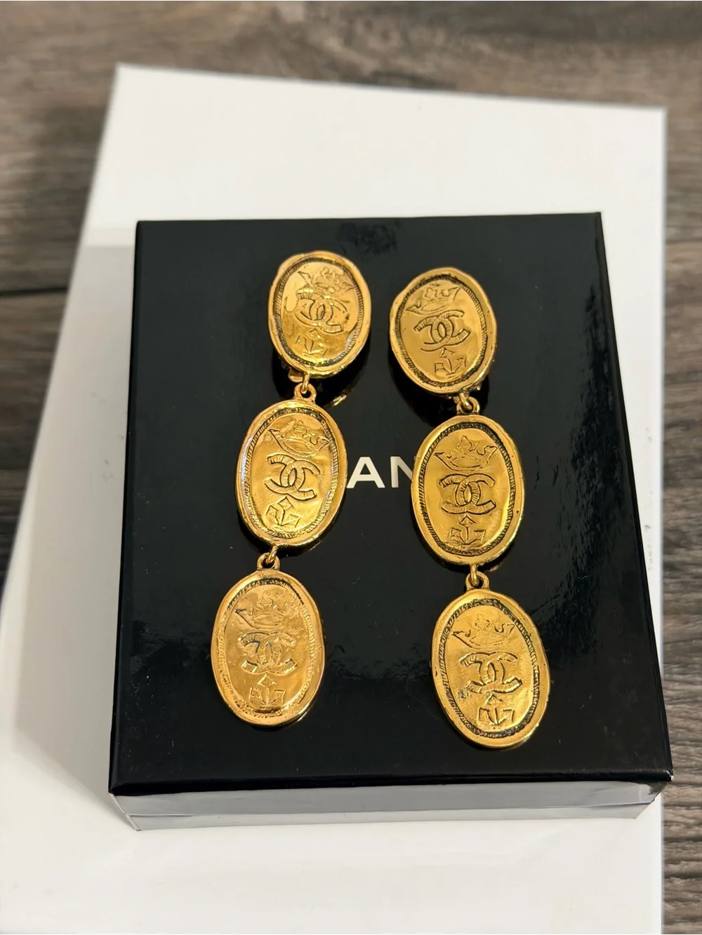 CHANEL Vintage Gold CC Crown Oval Drop Clip On Earrings